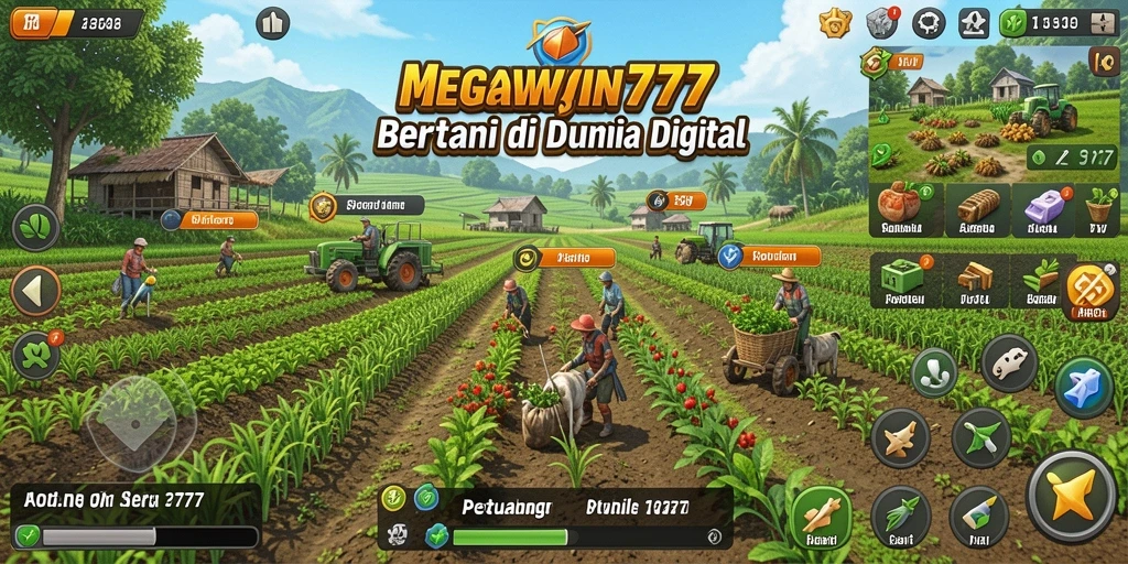 Tampilan gameplay seru MEGAWIN777 saat bertani di ladang.