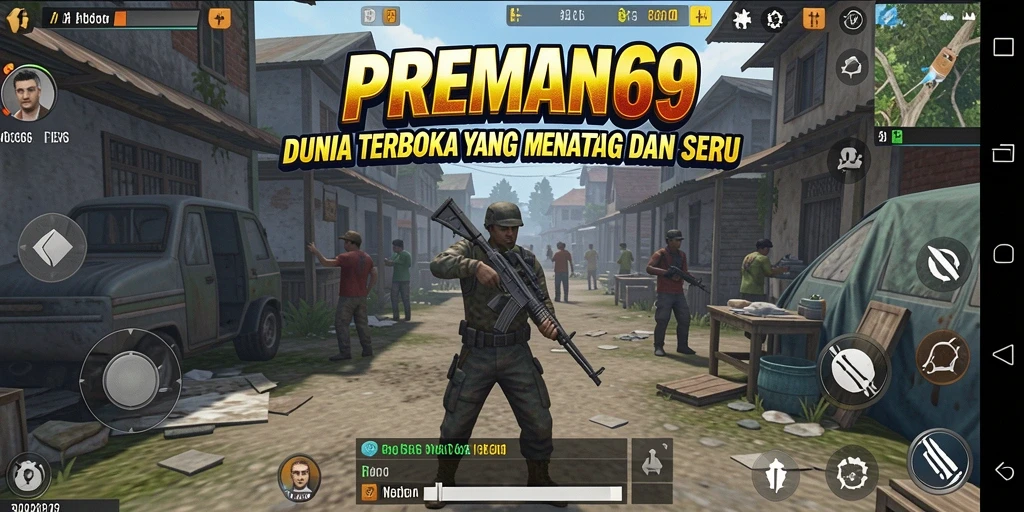 Screenshot gameplay PREMAN69 menampilkan karakter sedang menjelajahi kota yang ramai.