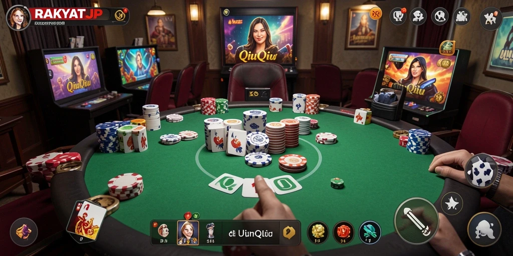 Screenshot RAKYATJP menunjukkan gameplay QiuQiu yang dinamis dan interaktif.