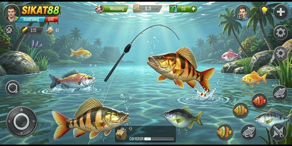 Tampilan utama gameplay SIKAT88 dengan aksi memancing yang seru.